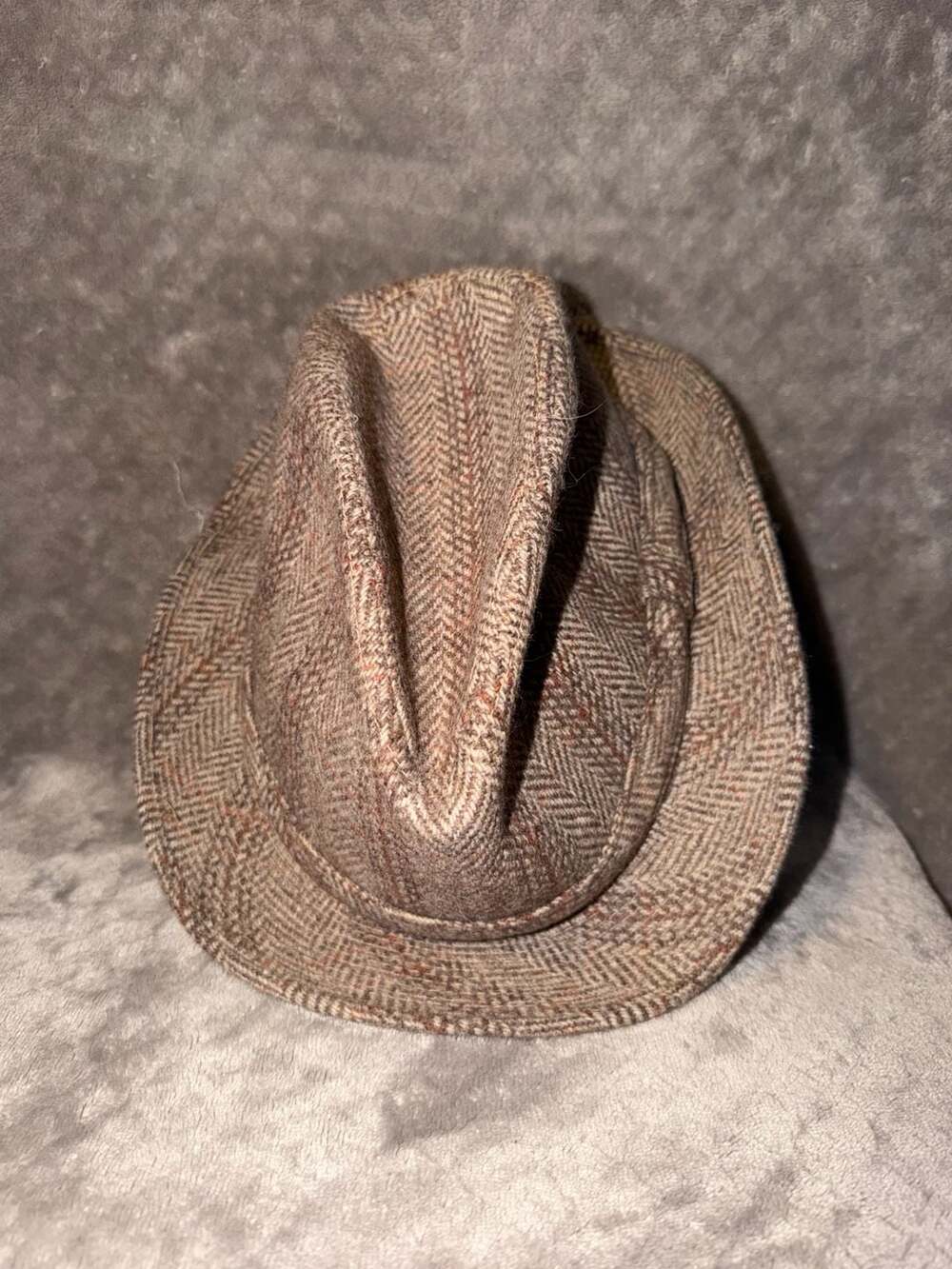 Harvard Vintage Brown Herringbone Tweed Wool Blend Trilby Fedora Hat Size Large